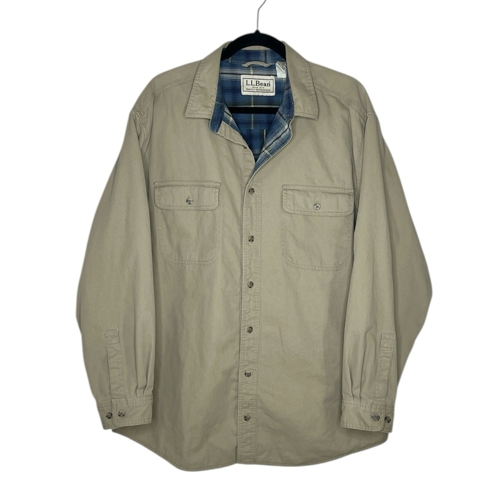 L.L. BEAN khaki and blue flannel lined heavyweight cotton Outdoor Shirt size XL